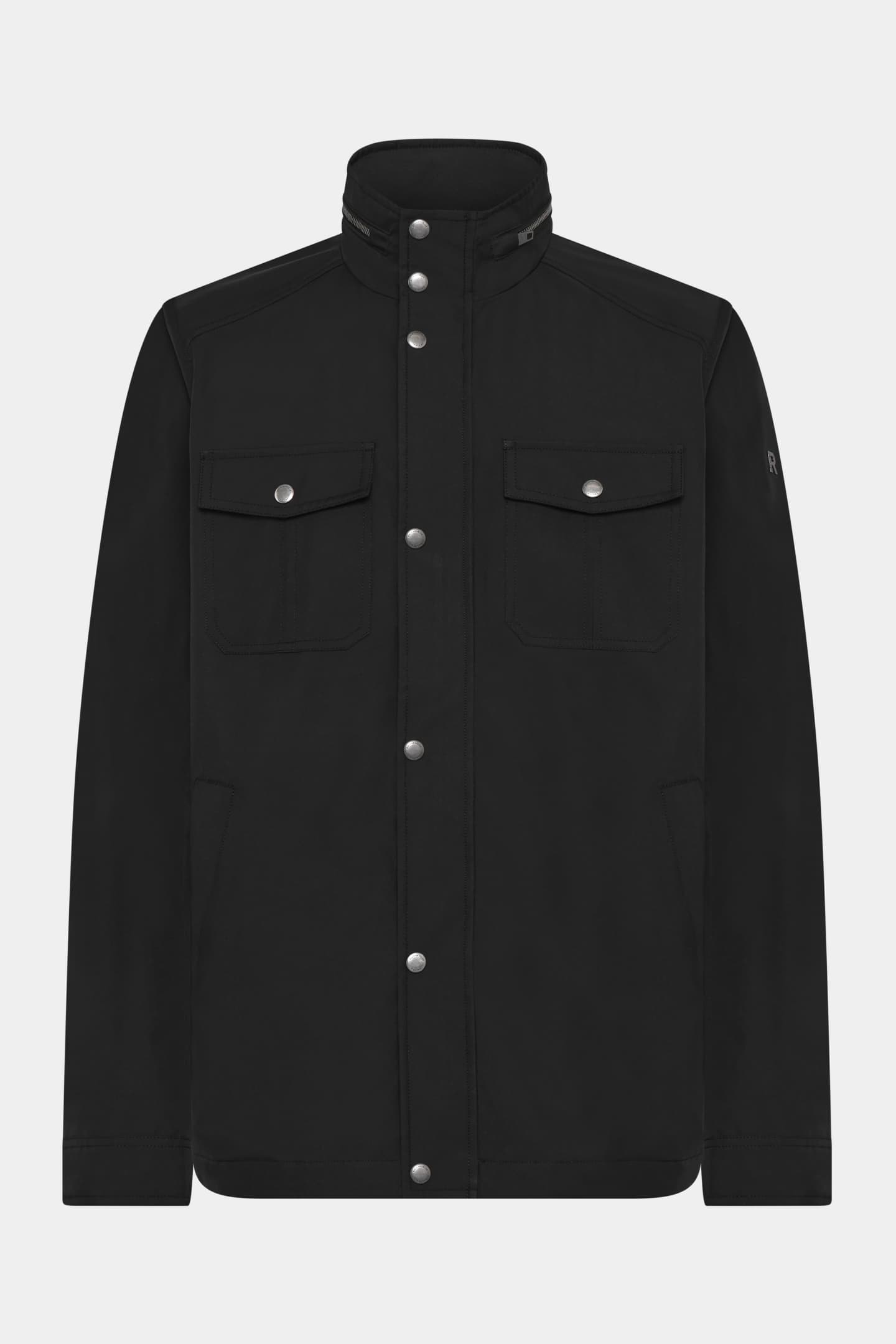 Front packshot of Lex Tech Jacket in Black, a modern outerwear piece combining technical performance with a clean, contemporary design. Detailed with a stand collar, snap-button fastening, utility-inspired chest pockets, and practical side pockets.