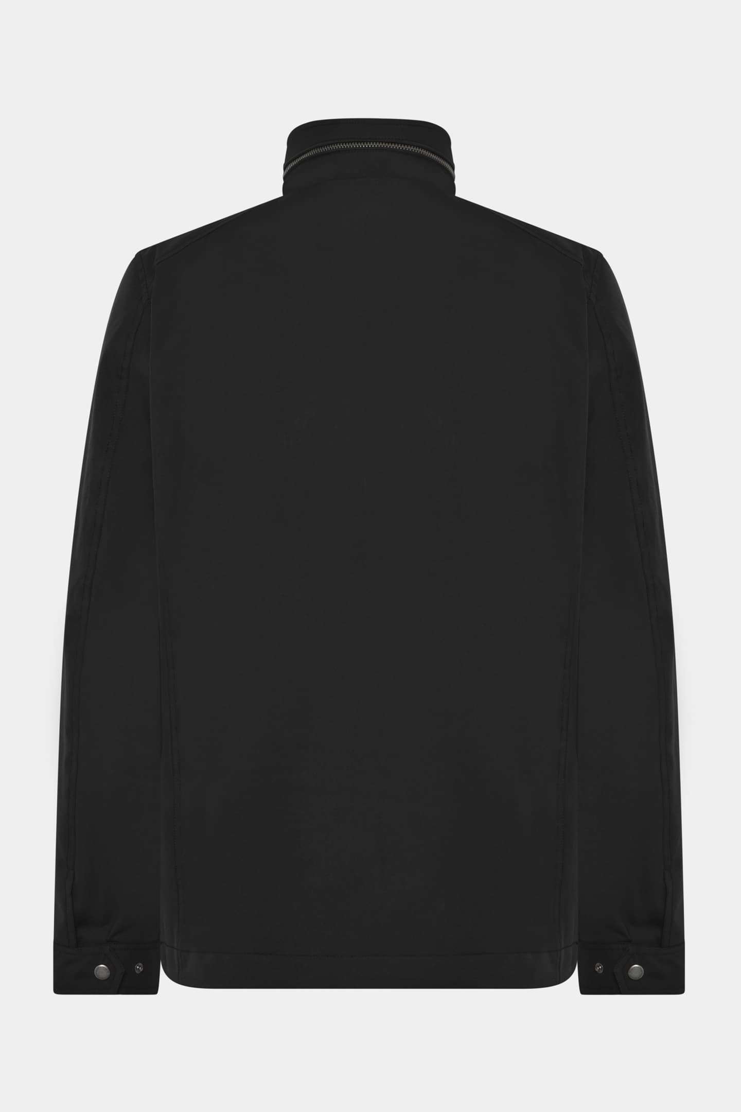 Back packshot of Lex Tech Jacket in Black, a modern outerwear piece combining technical performance with a clean, contemporary design. Detailed with a stand collar, snap-button fastening, utility-inspired chest pockets, and practical side pockets.